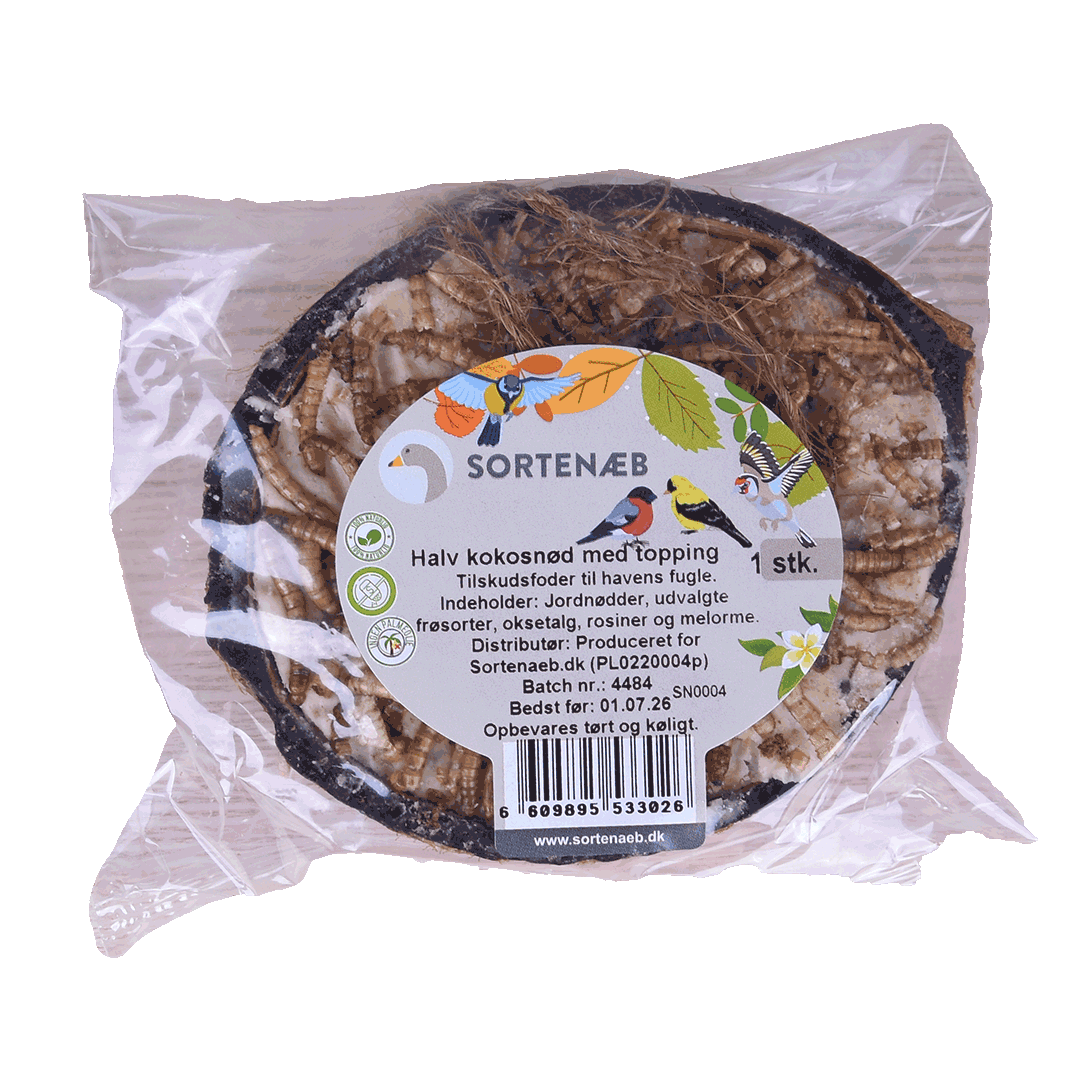 Svartnäbbad blandning av halva kokosnötter med topping (blandat) - pris per styck!