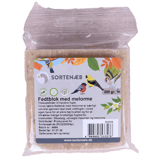 Sortenæb talgblock med torkade mjölmaskar