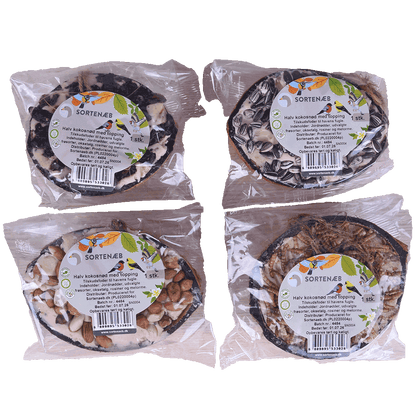 Svartnäbbad blandning av halva kokosnötter med topping (blandat) - pris per styck!