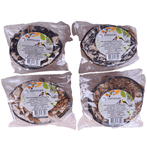 Svartnäbbad blandning av halva kokosnötter med topping (blandat) - pris per styck!