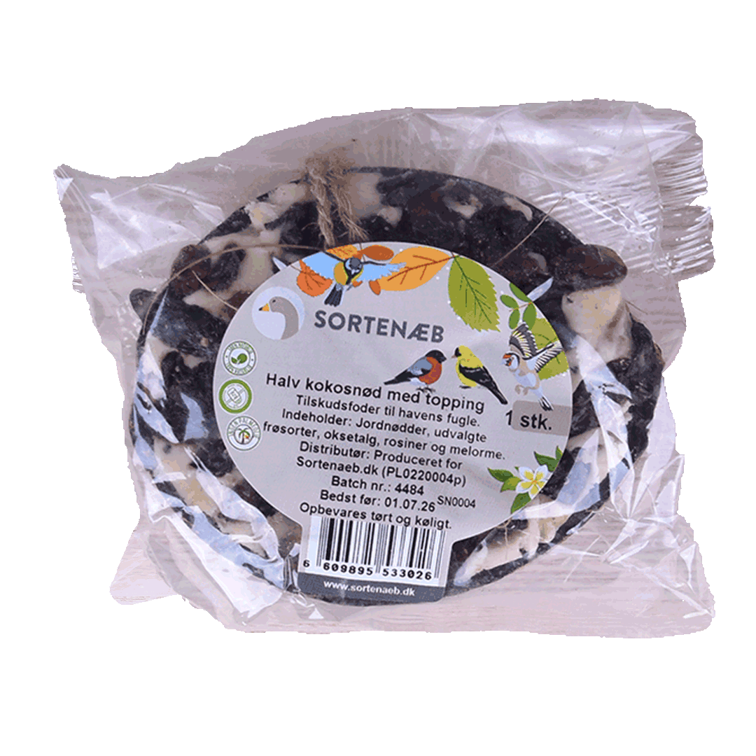 Svartnäbbad blandning av halva kokosnötter med topping (blandat) - pris per styck!