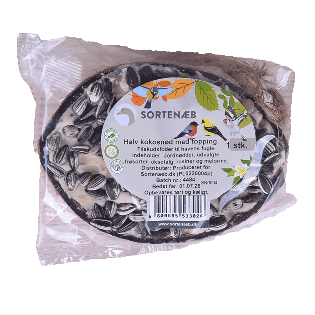 Svartnäbbad blandning av halva kokosnötter med topping (blandat) - pris per styck!