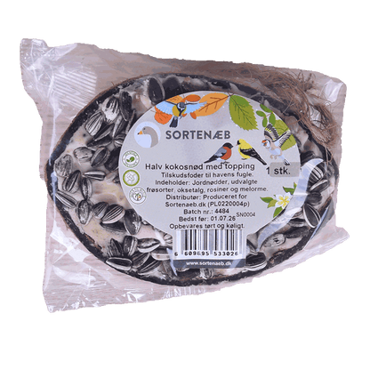 Svartnäbbad blandning av halva kokosnötter med topping (blandat) - pris per styck!