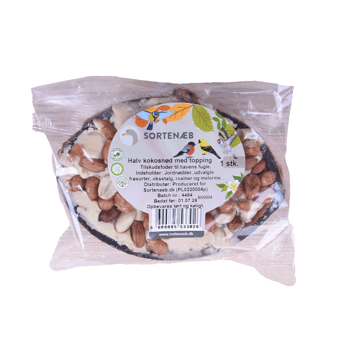 Svartnäbbad blandning av halva kokosnötter med topping (blandat) - pris per styck!