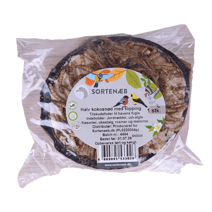 Svartnäbbad blandning av halva kokosnötter med topping (blandat) - pris per styck!